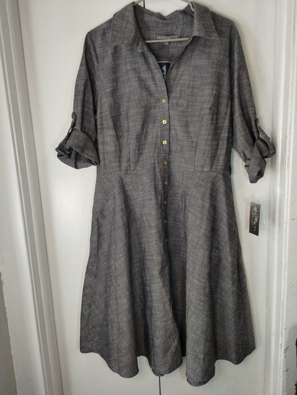 Sharagano Gray Button-Front A-Line Midi Dress